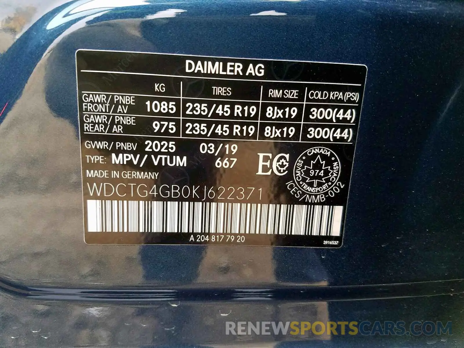 10 fotografías del automóvil dañado WDCTG4GB0KJ622371 MERCEDES-BENZ GLA 250 4M 2019