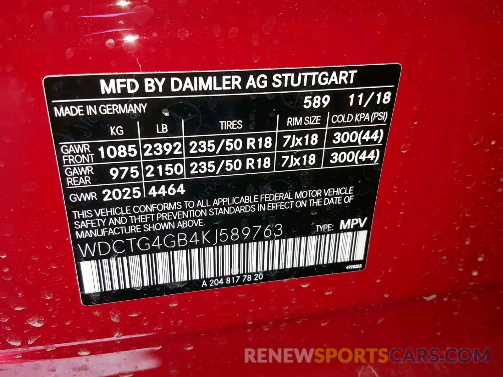 10 fotografías del automóvil dañado WDCTG4GB4KJ589763 MERCEDES-BENZ GLA 250 4M 2019