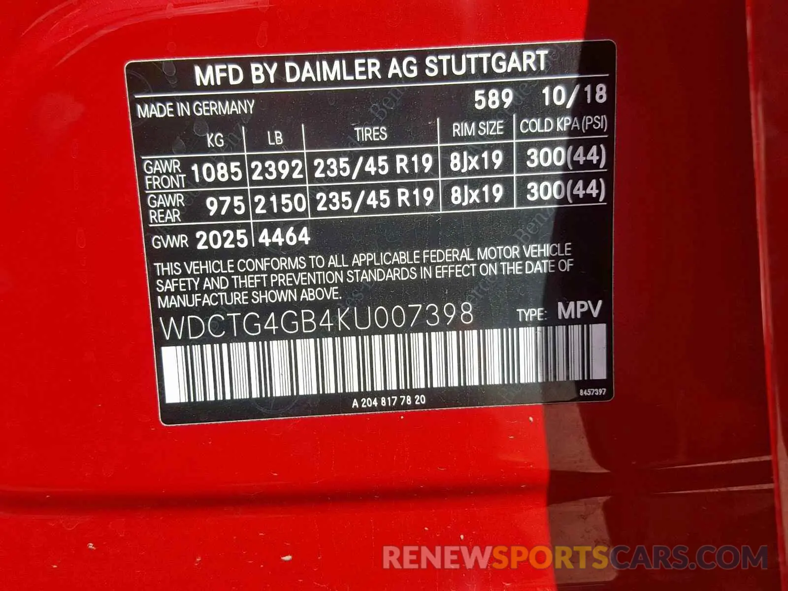 10 fotografías del automóvil dañado WDCTG4GB4KU007398 MERCEDES-BENZ GLA 250 4M 2019