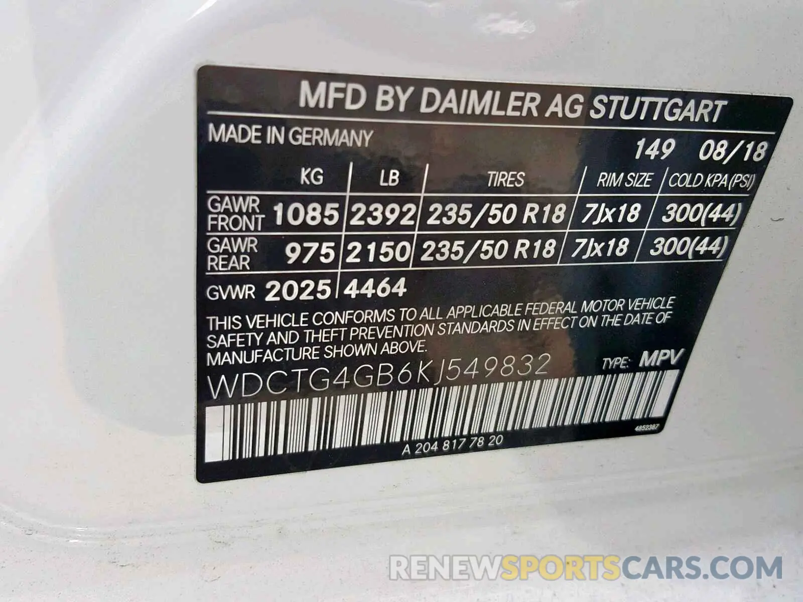 10 fotografías del automóvil dañado WDCTG4GB6KJ549832 MERCEDES-BENZ GLA 250 4M 2019