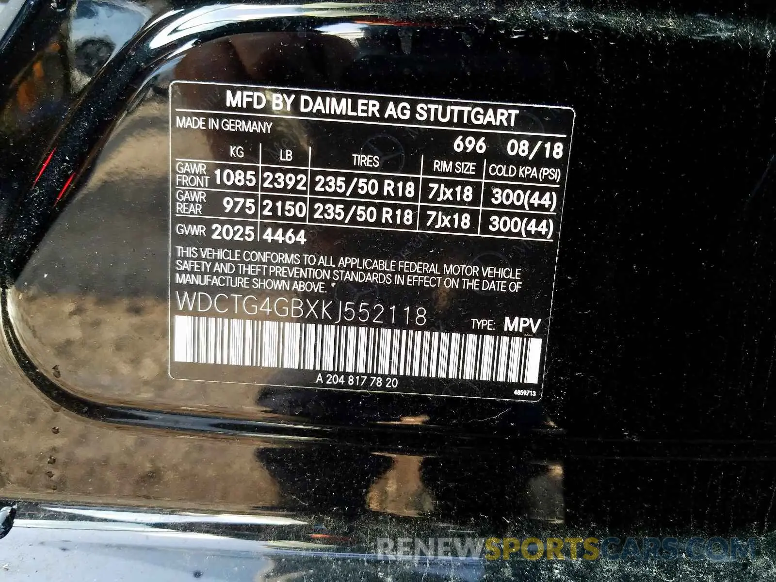 10 fotografías del automóvil dañado WDCTG4GBXKJ552118 MERCEDES-BENZ GLA 250 4M 2019