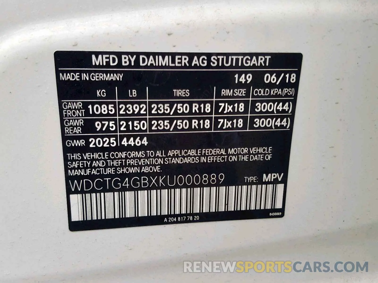 10 fotografías del automóvil dañado WDCTG4GBXKU000889 MERCEDES-BENZ GLA 250 4M 2019