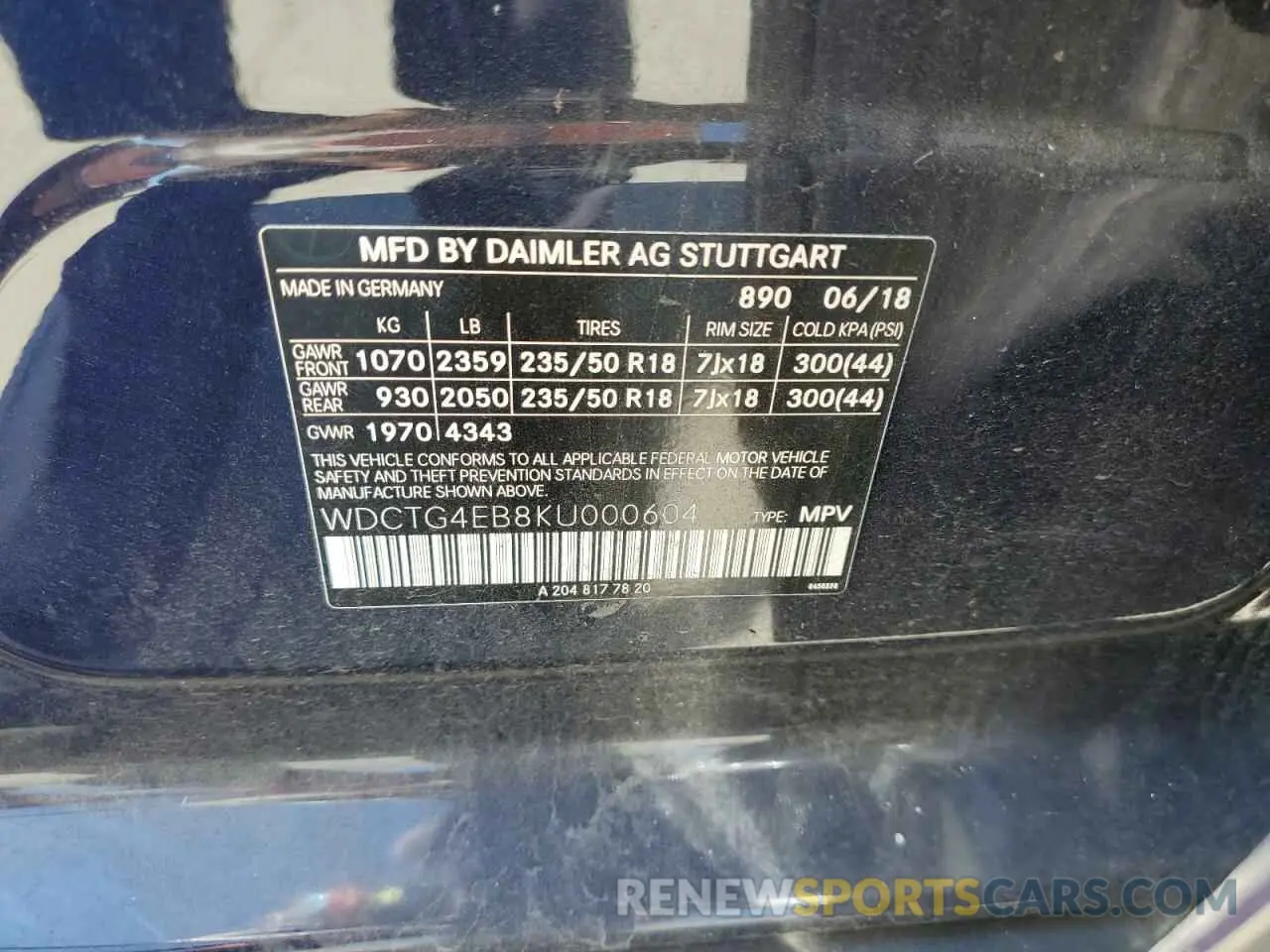 10 fotografías del automóvil dañado WDCTG4EB8KU000604 MERCEDES-BENZ GLA-CLASS 2019