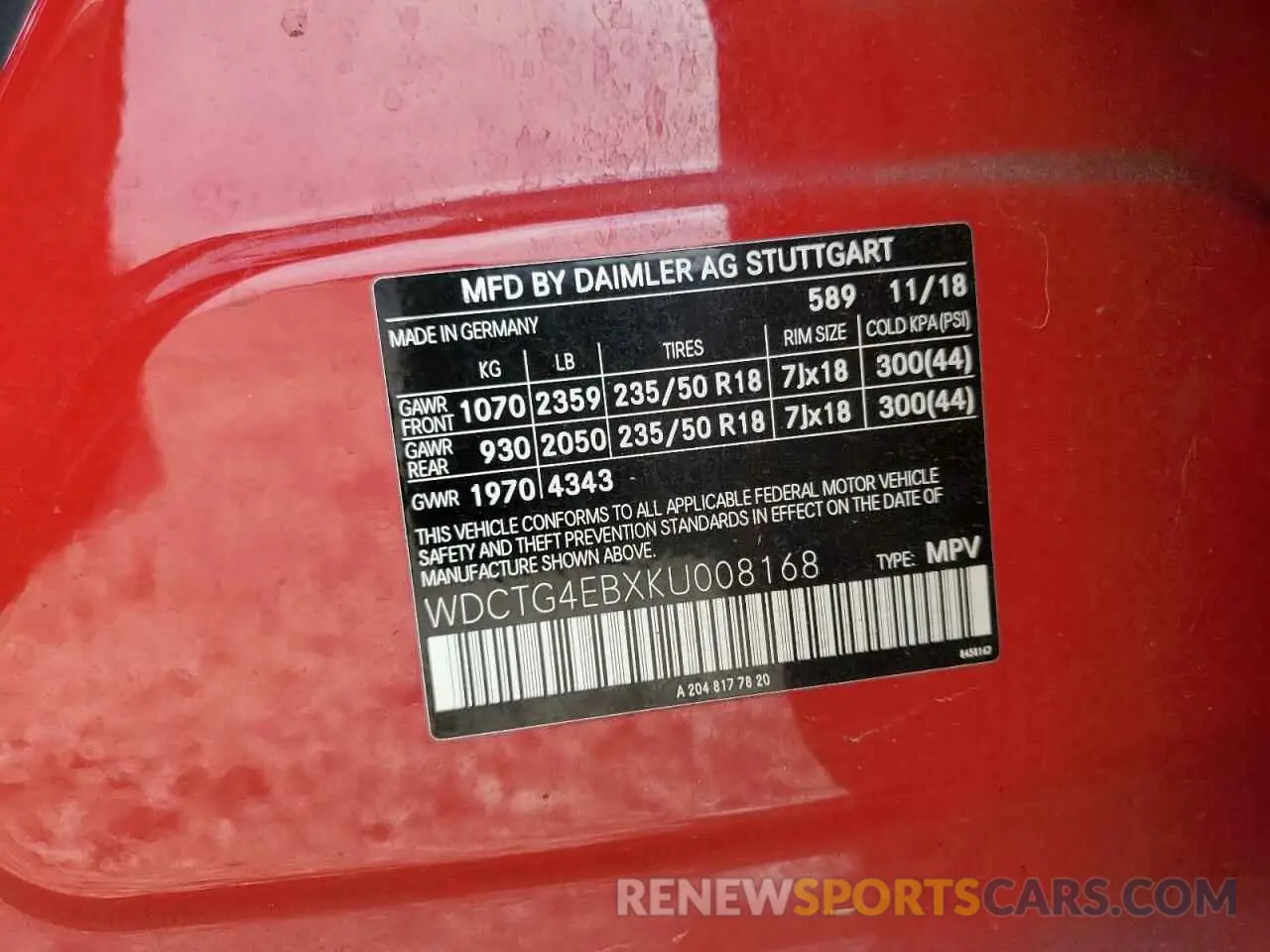13 fotografías del automóvil dañado WDCTG4EBXKU008168 MERCEDES-BENZ GLA-CLASS 2019