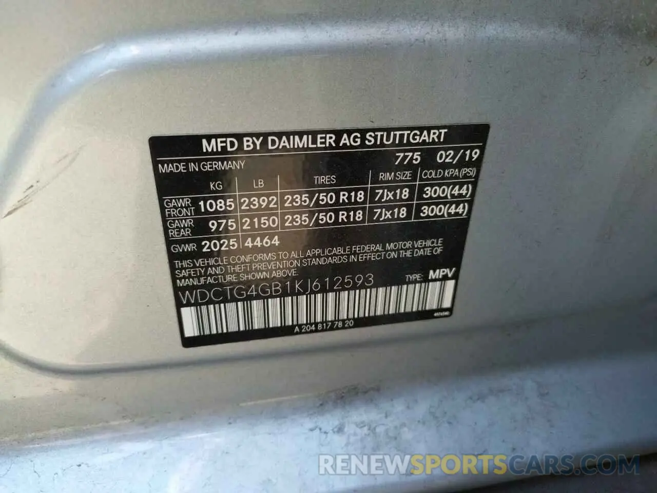 10 fotografías del automóvil dañado WDCTG4GB1KJ612593 MERCEDES-BENZ GLA-CLASS 2019