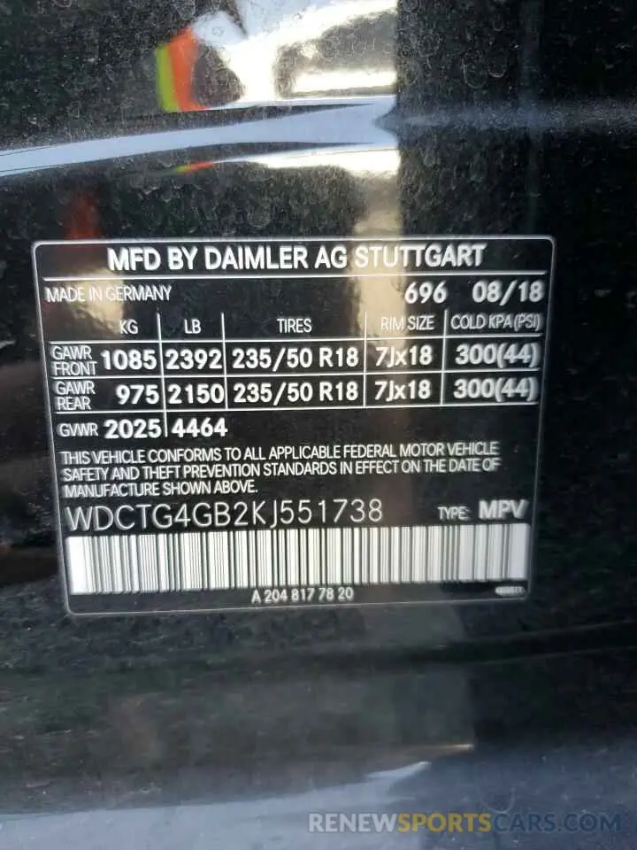 15 fotografías del automóvil dañado WDCTG4GB2KJ551738 MERCEDES-BENZ GLA-CLASS 2019
