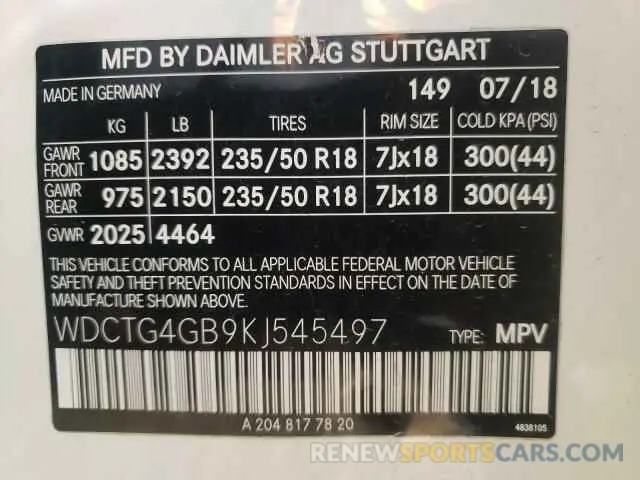 10 fotografías del automóvil dañado WDCTG4GB9KJ545497 MERCEDES-BENZ GLA-CLASS 2019