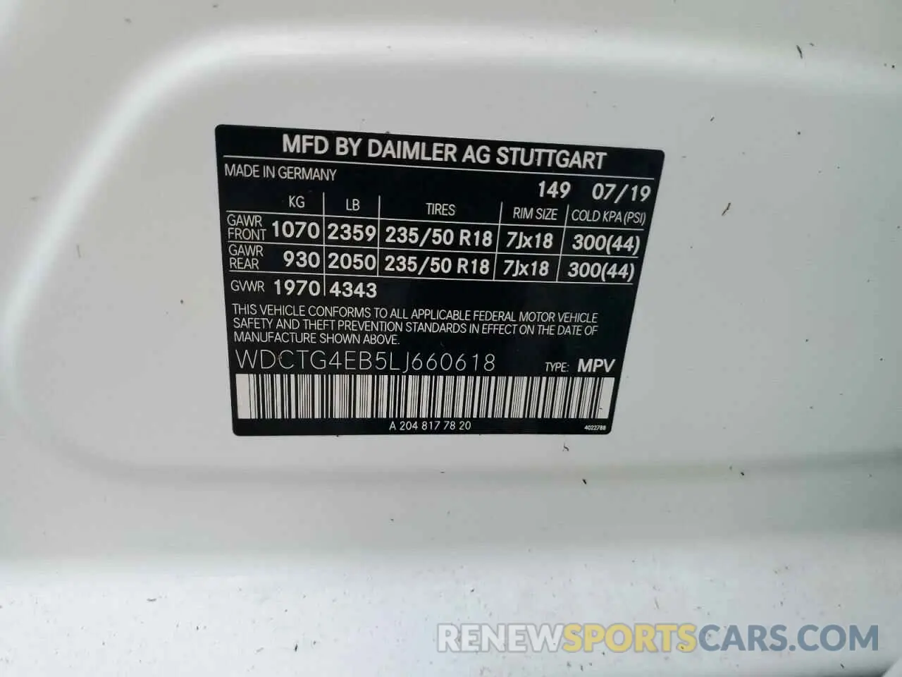 10 fotografías del automóvil dañado WDCTG4EB5LJ660618 MERCEDES-BENZ GLA-CLASS 2020