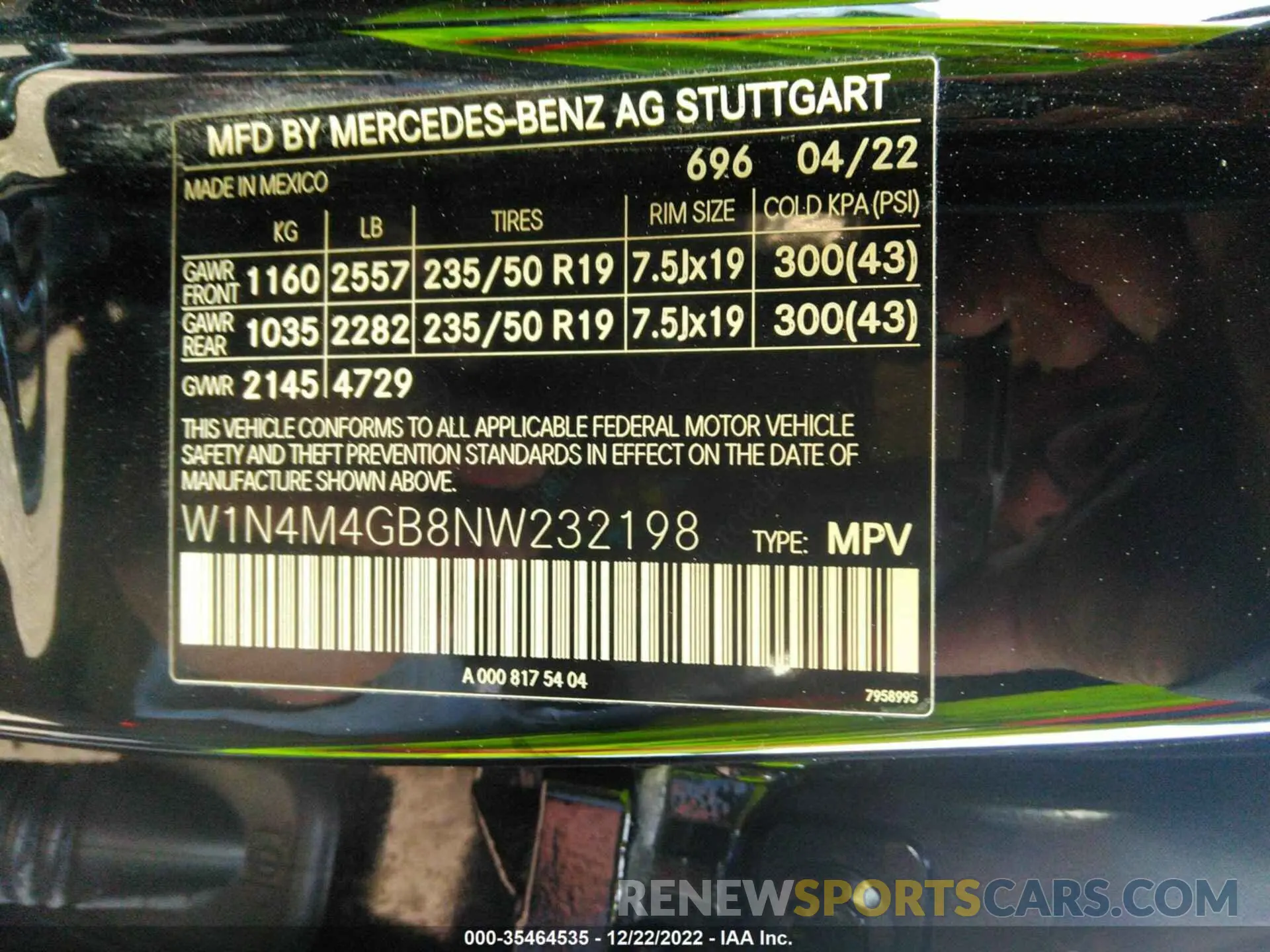 9 fotografías del automóvil dañado W1N4M4GB8NW232198 MERCEDES-BENZ GLB 2022