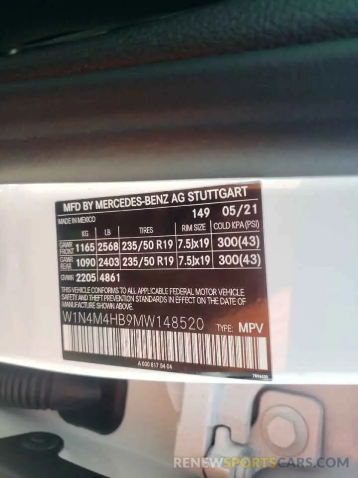 10 fotografías del automóvil dañado W1N4M4HB9MW148520 MERCEDES-BENZ GLB-CLASS 2021