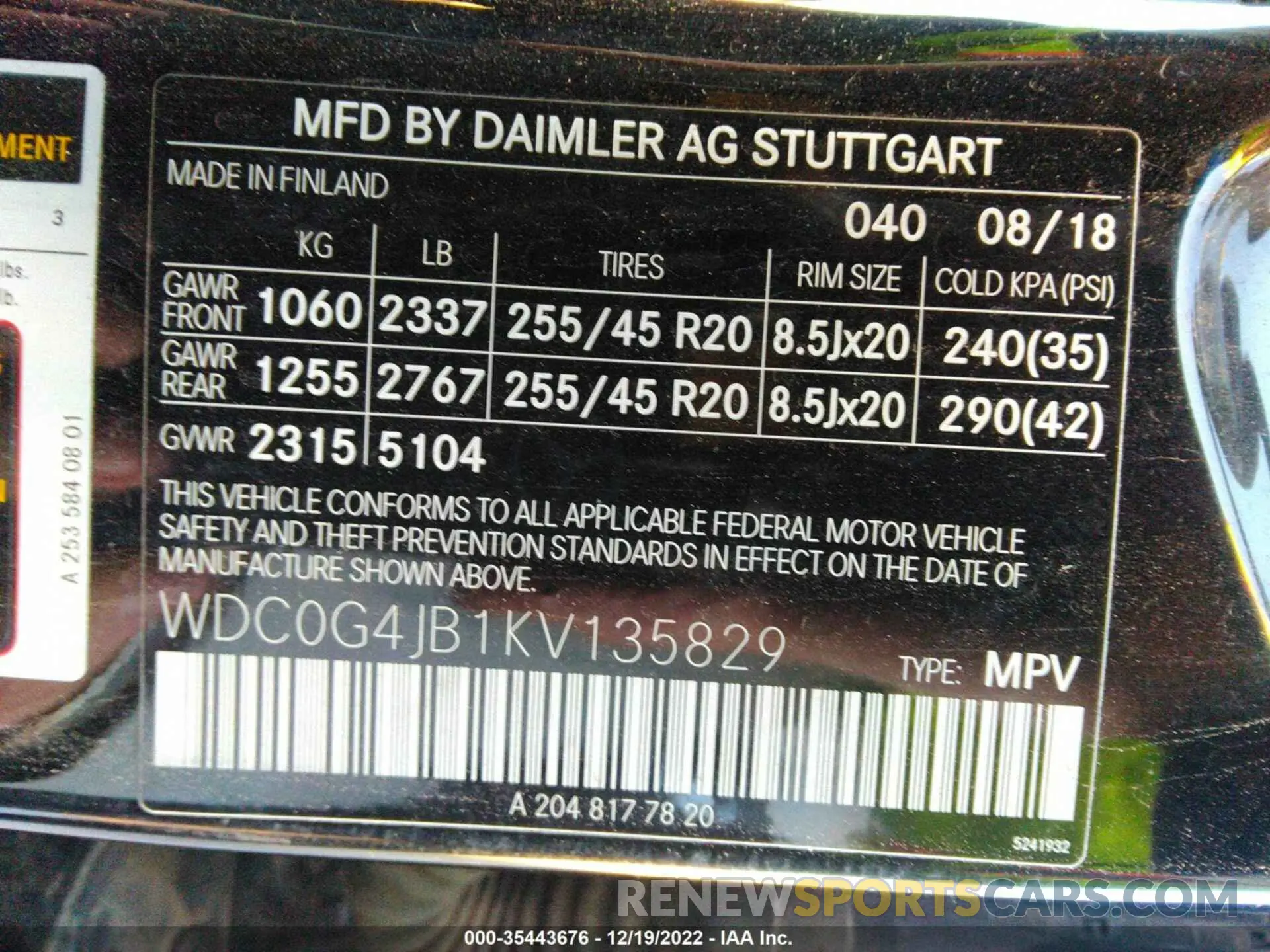 9 fotografías del automóvil dañado WDC0G4JB1KV135829 MERCEDES-BENZ GLC 2019