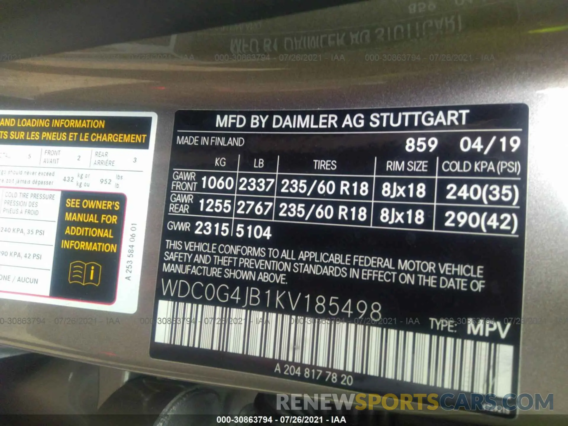 9 fotografías del automóvil dañado WDC0G4JB1KV185498 MERCEDES-BENZ GLC 2019