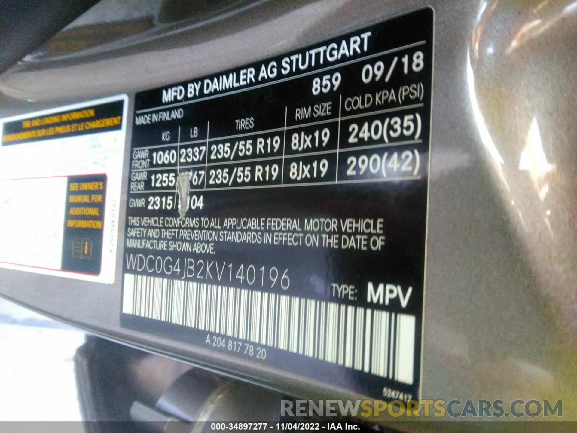9 fotografías del automóvil dañado WDC0G4JB2KV140196 MERCEDES-BENZ GLC 2019