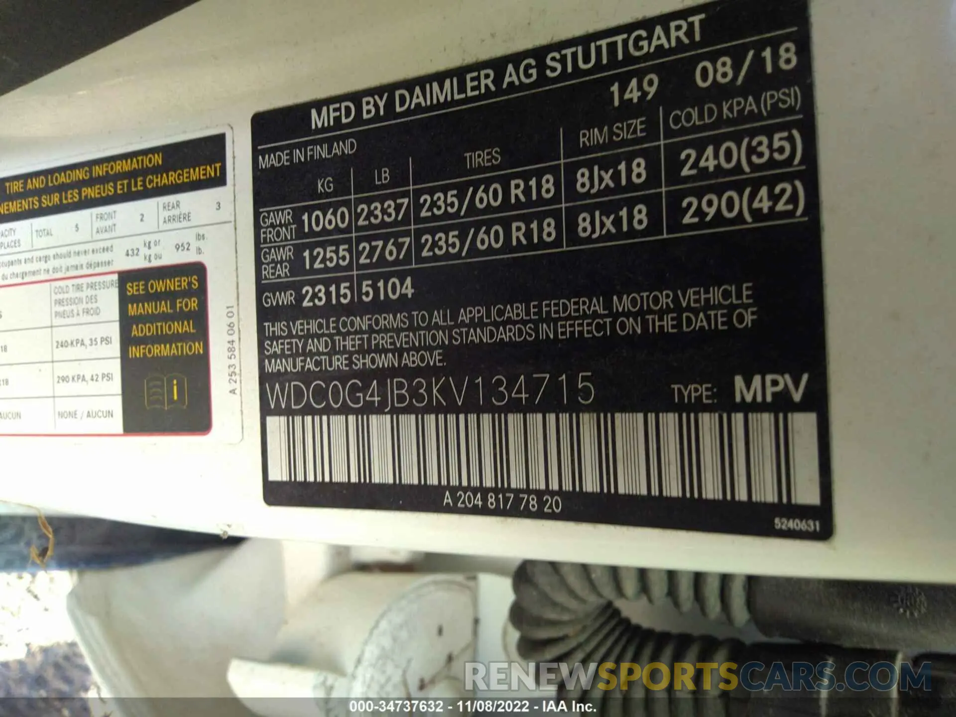 9 fotografías del automóvil dañado WDC0G4JB3KV134715 MERCEDES-BENZ GLC 2019
