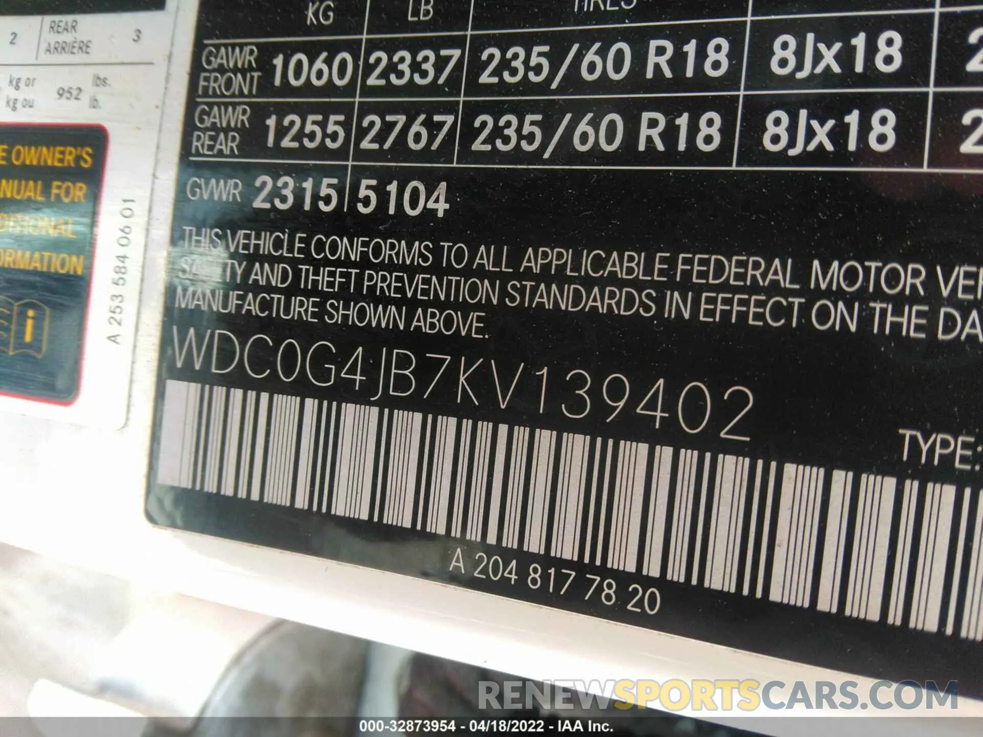 9 fotografías del automóvil dañado WDC0G4JB7KV139402 MERCEDES-BENZ GLC 2019