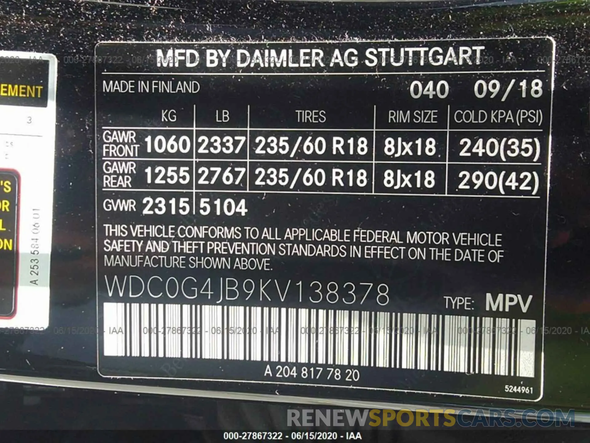9 fotografías del automóvil dañado WDC0G4JB9KV138378 MERCEDES-BENZ GLC 2019