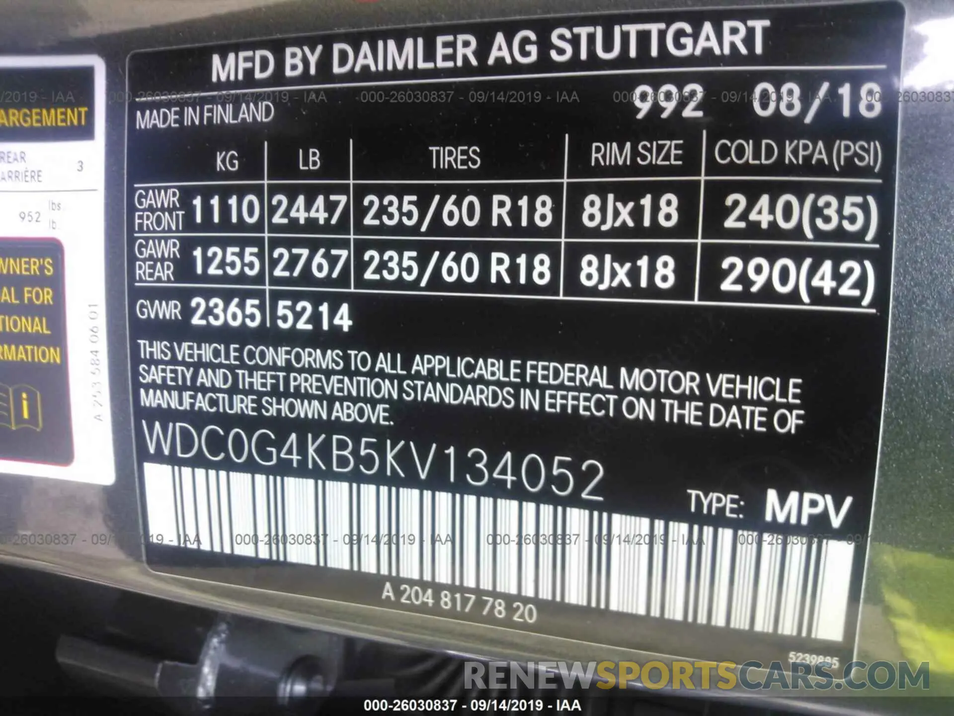 9 fotografías del automóvil dañado WDC0G4KB5KV134052 MERCEDES-BENZ GLC 2019
