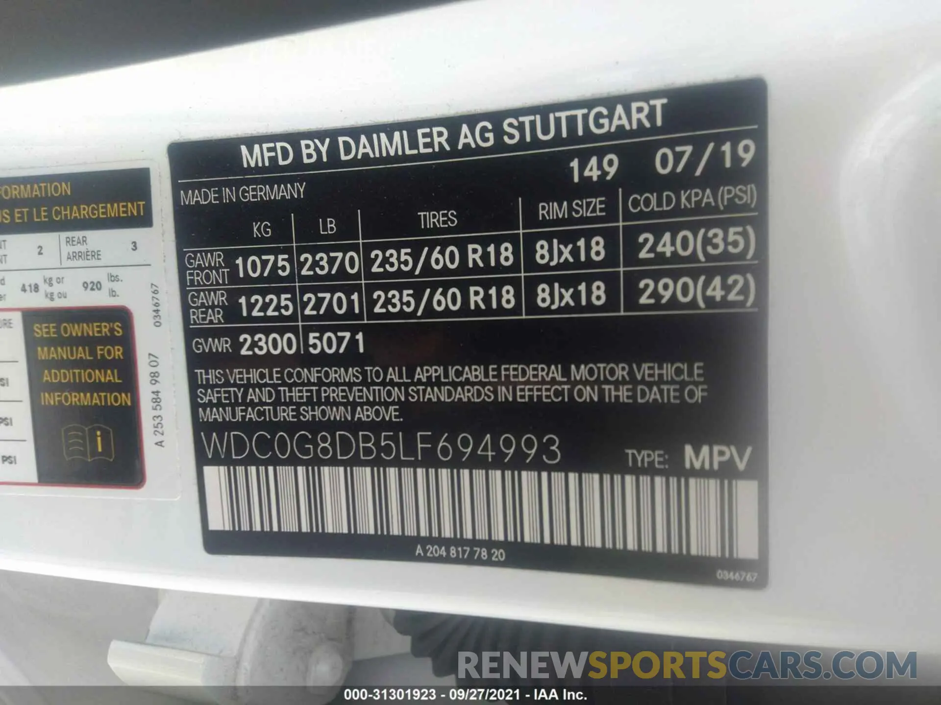 9 fotografías del automóvil dañado WDC0G8DB5LF694993 MERCEDES-BENZ GLC 2020