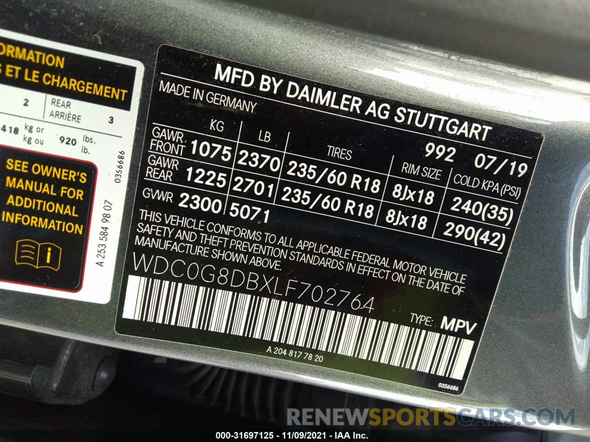 9 fotografías del automóvil dañado WDC0G8DBXLF702764 MERCEDES-BENZ GLC 2020