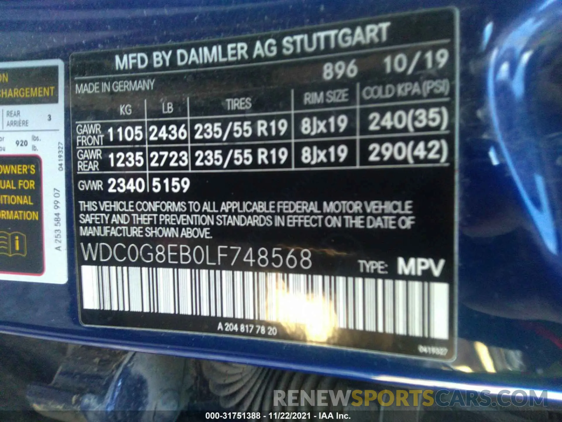 9 fotografías del automóvil dañado WDC0G8EB0LF748568 MERCEDES-BENZ GLC 2020