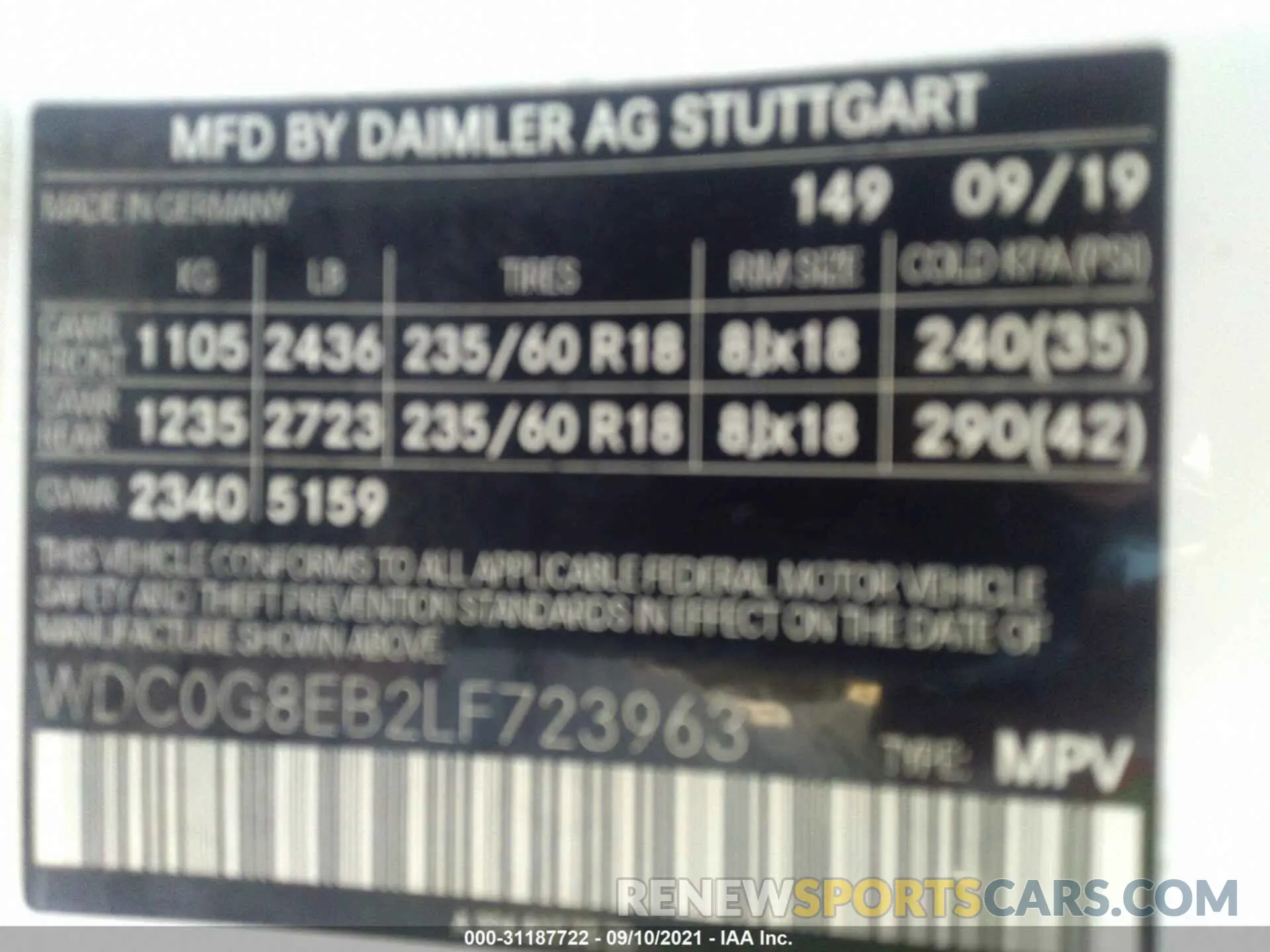 9 fotografías del automóvil dañado WDC0G8EB2LF723963 MERCEDES-BENZ GLC 2020