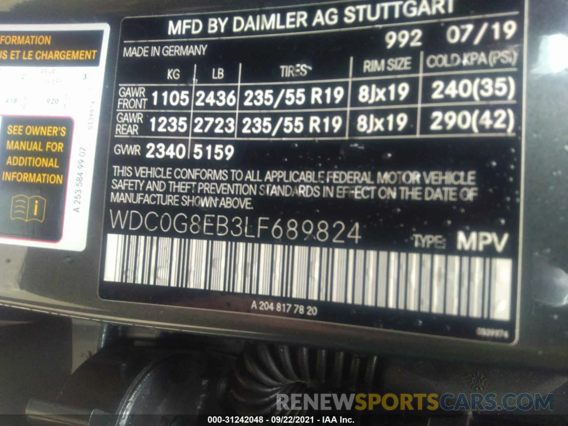 9 fotografías del automóvil dañado WDC0G8EB3LF689824 MERCEDES-BENZ GLC 2020