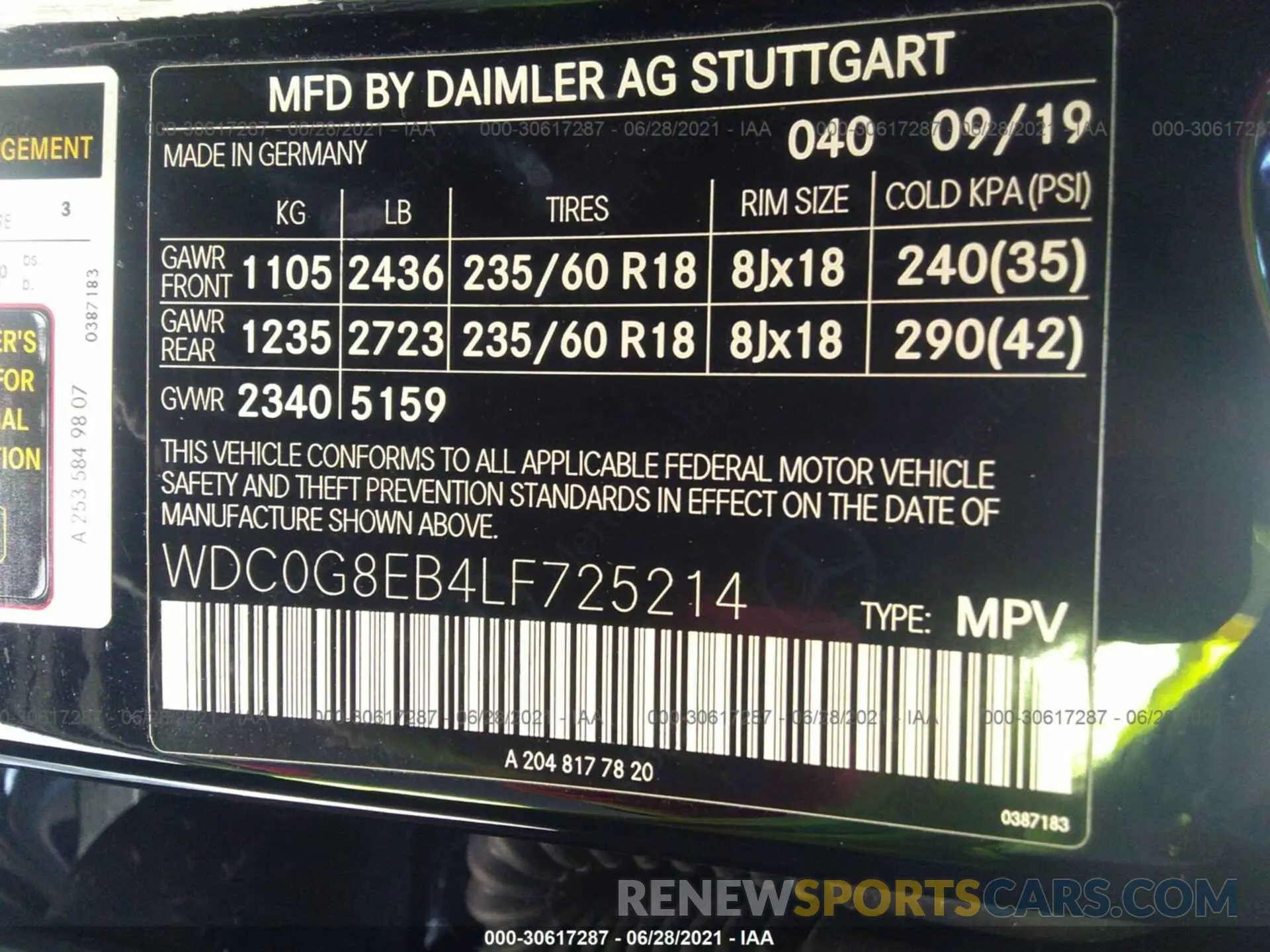 9 fotografías del automóvil dañado WDC0G8EB4LF725214 MERCEDES-BENZ GLC 2020