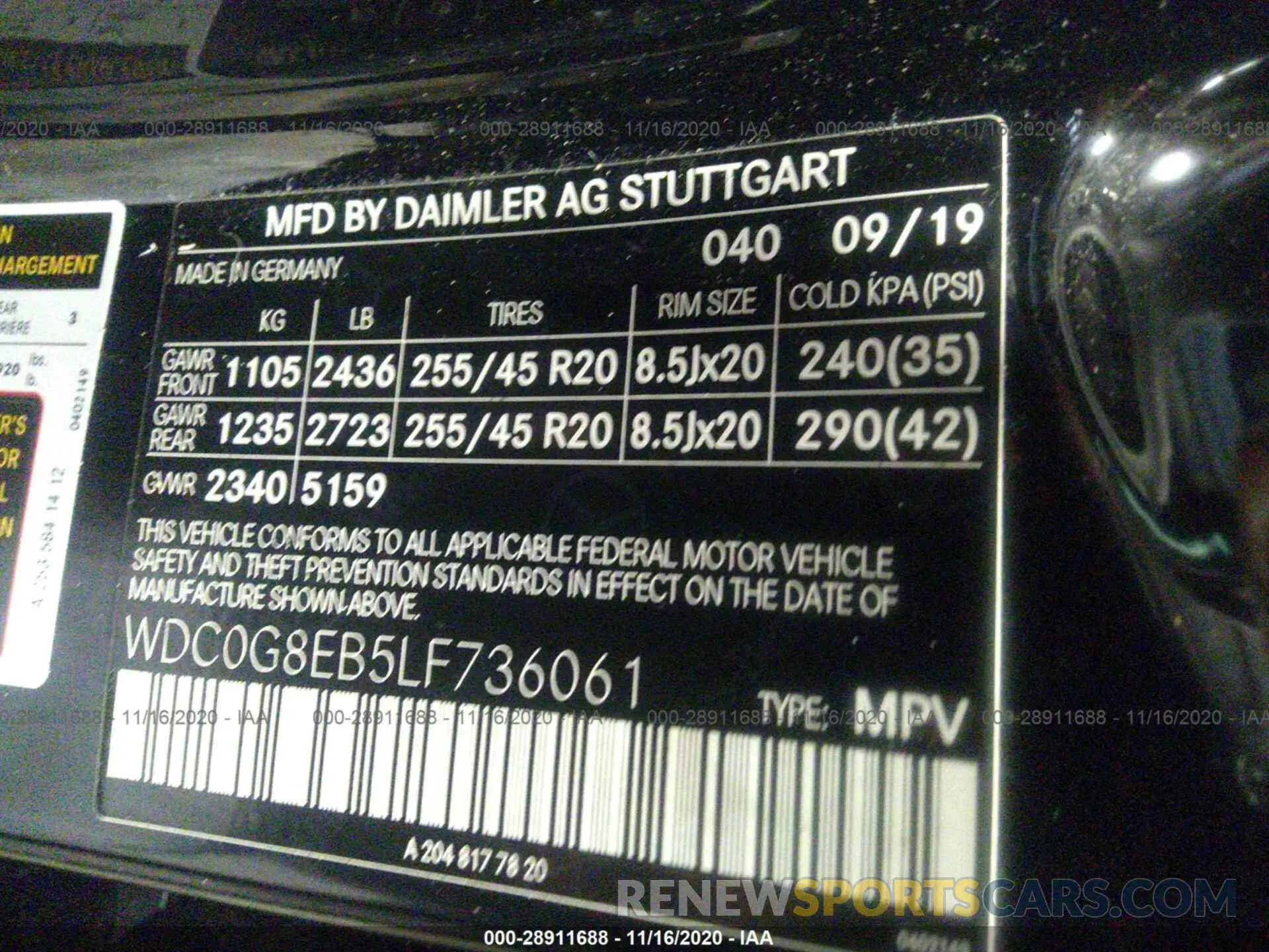 9 fotografías del automóvil dañado WDC0G8EB5LF736061 MERCEDES-BENZ GLC 2020