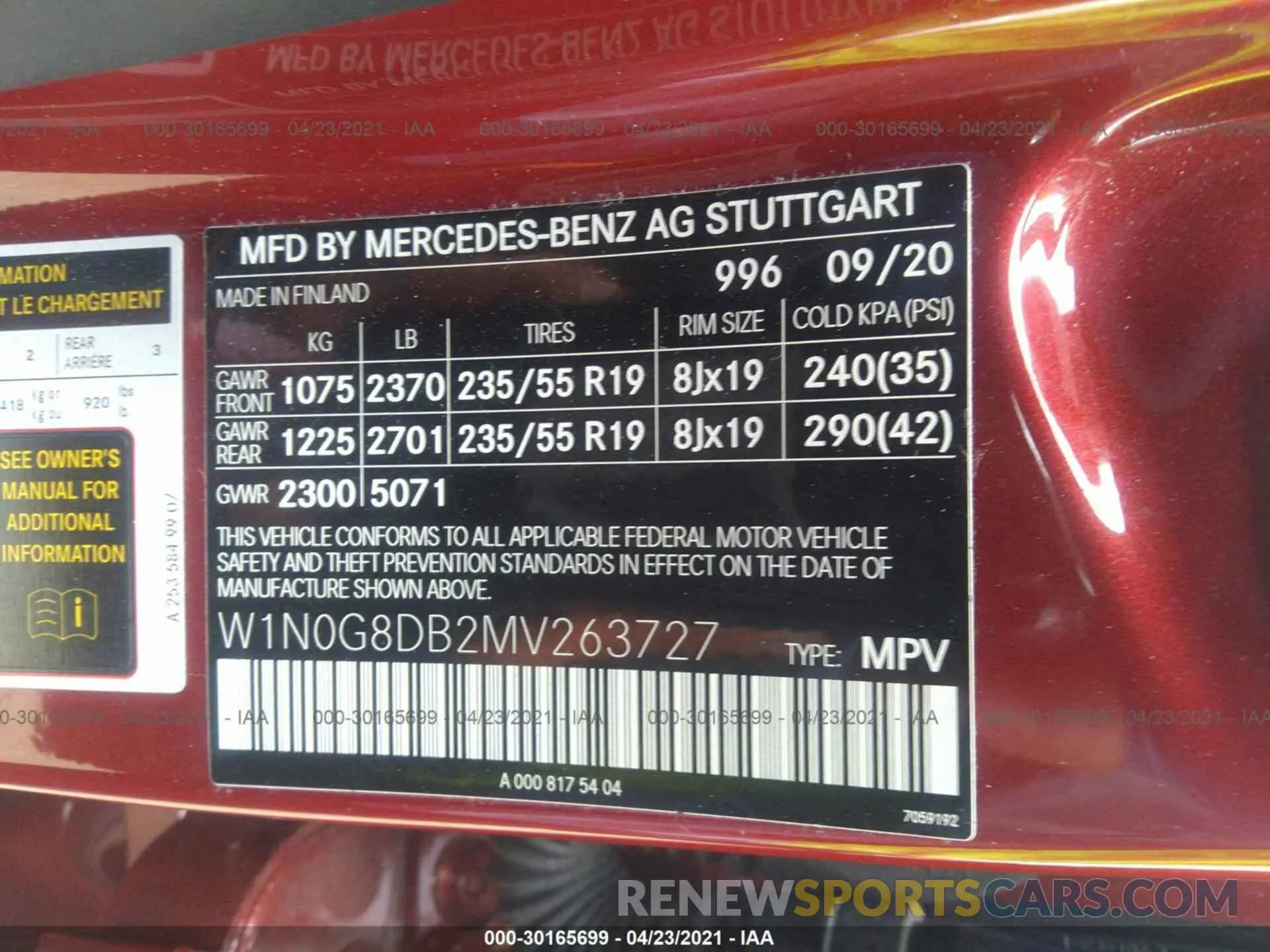 9 fotografías del automóvil dañado W1N0G8DB2MV263727 MERCEDES-BENZ GLC 2021