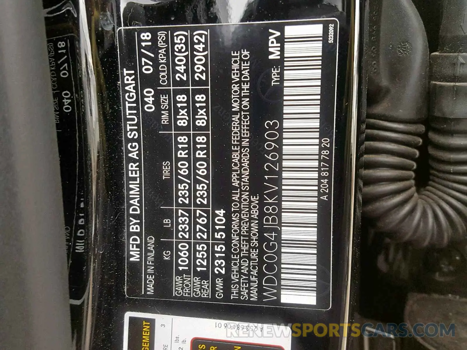 10 fotografías del automóvil dañado WDC0G4JB8KV126903 MERCEDES-BENZ GLC 300 2019
