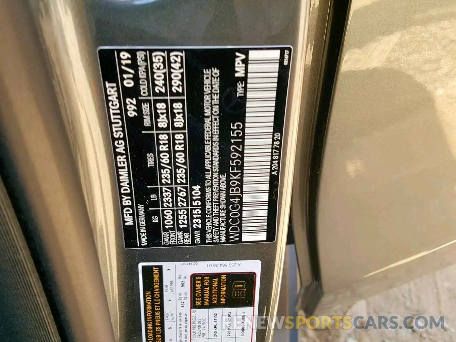 10 fotografías del automóvil dañado WDC0G4JB9KF592155 MERCEDES-BENZ GLC 300 2019