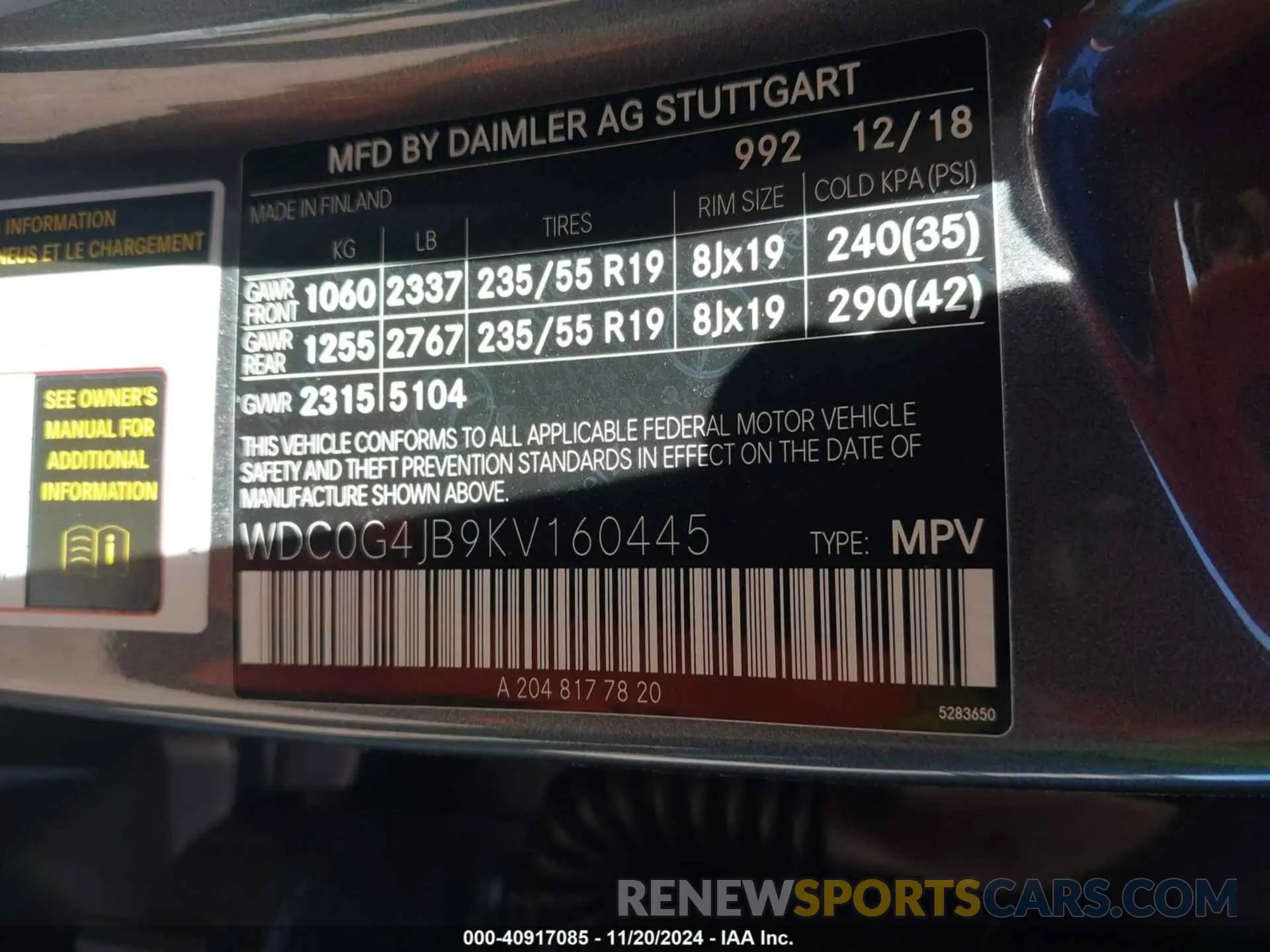 9 fotografías del automóvil dañado WDC0G4JB9KV160445 MERCEDES-BENZ GLC 300 2019