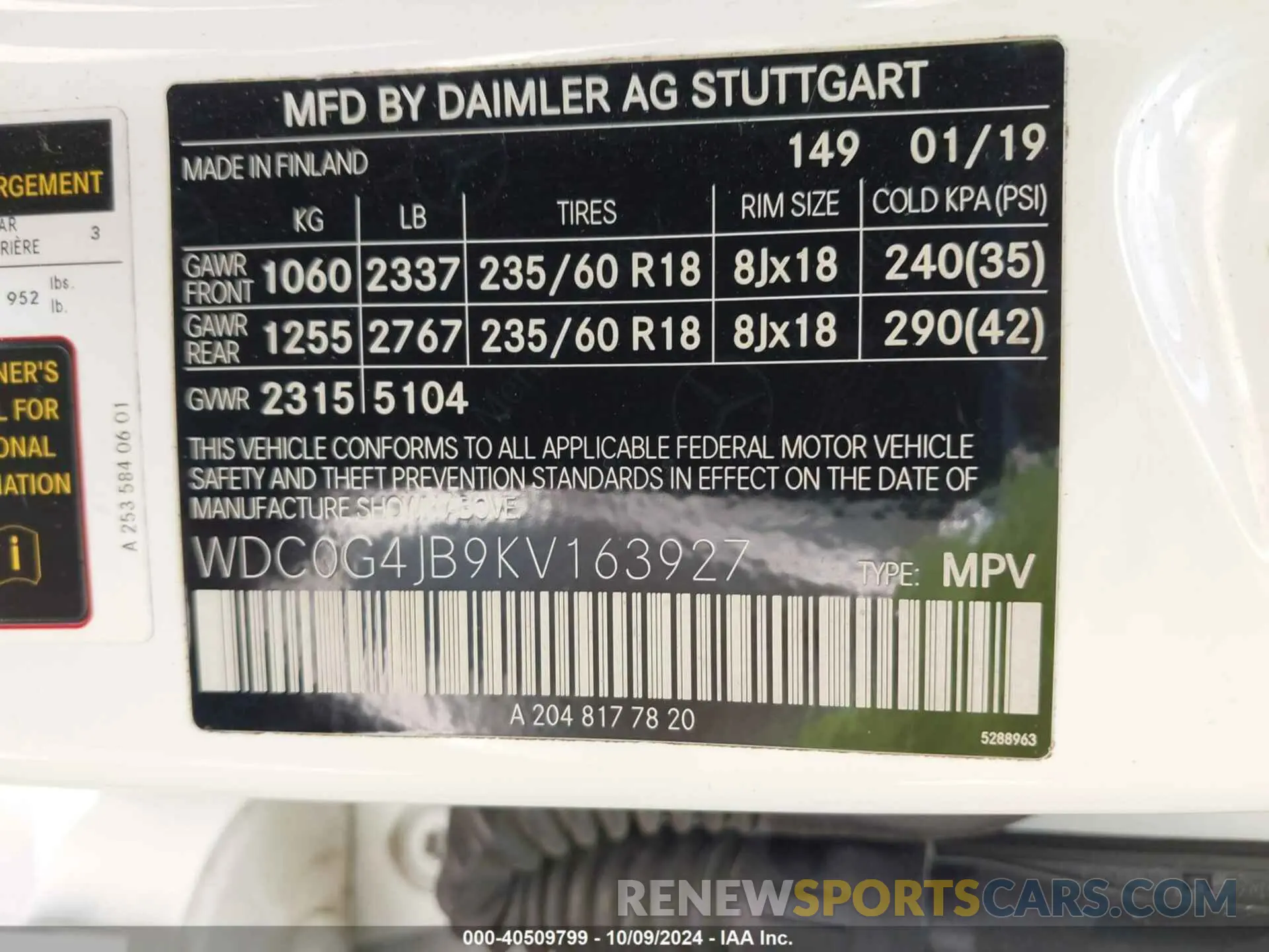 9 fotografías del automóvil dañado WDC0G4JB9KV163927 MERCEDES-BENZ GLC 300 2019