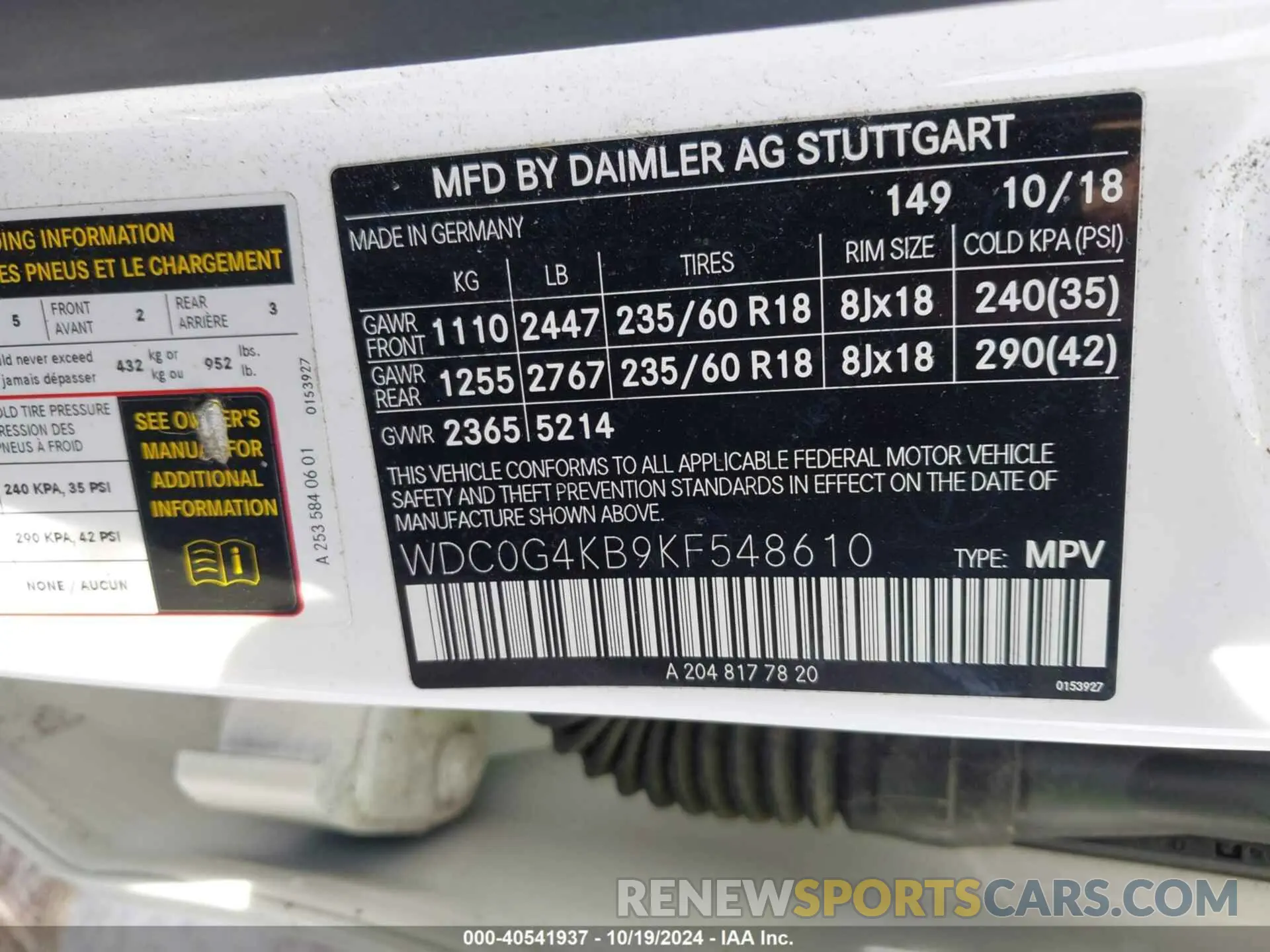9 fotografías del automóvil dañado WDC0G4KB9KF548610 MERCEDES-BENZ GLC 300 2019