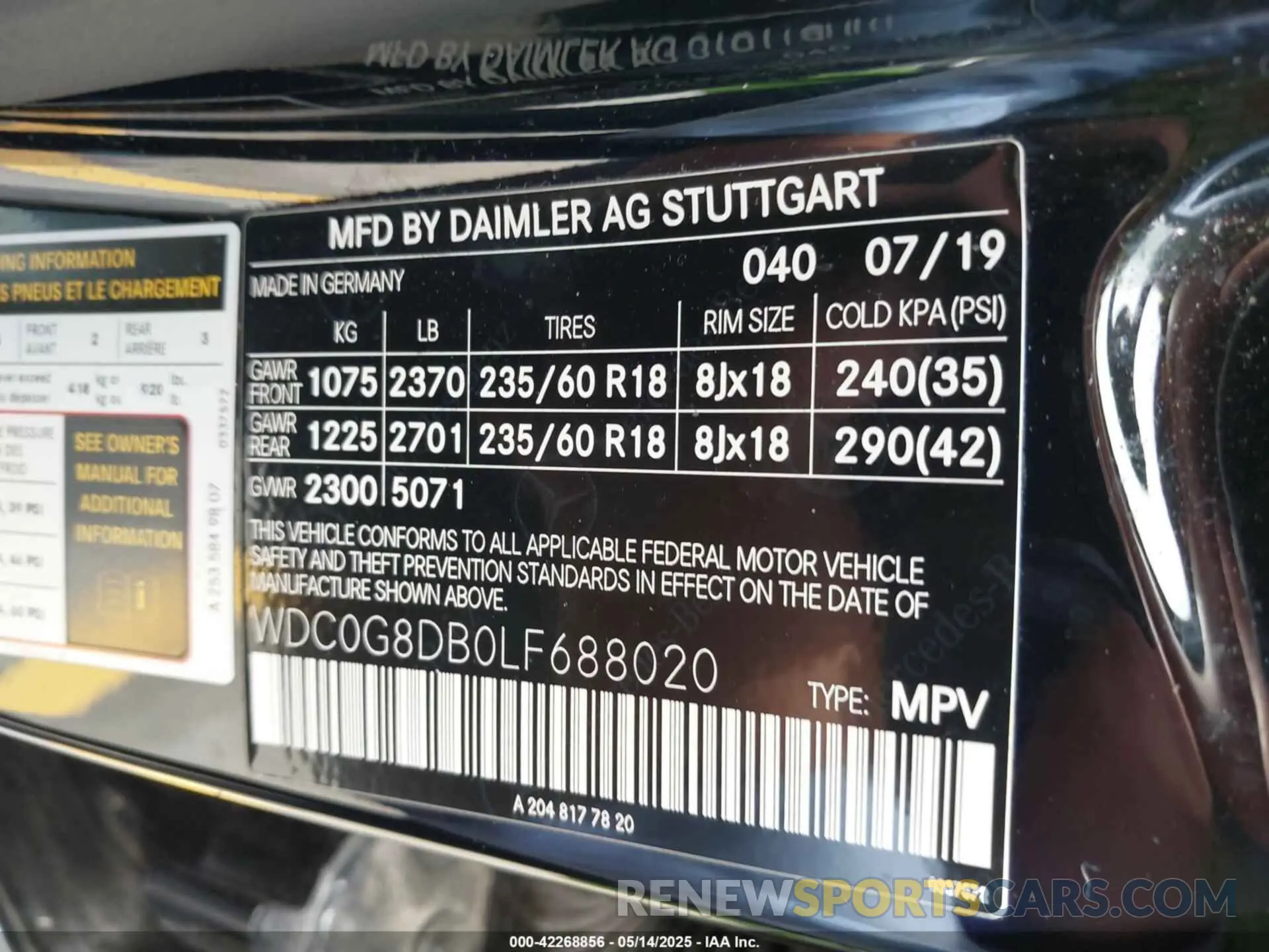 9 fotografías del automóvil dañado WDC0G8DB0LF688020 MERCEDES-BENZ GLC 300 2020