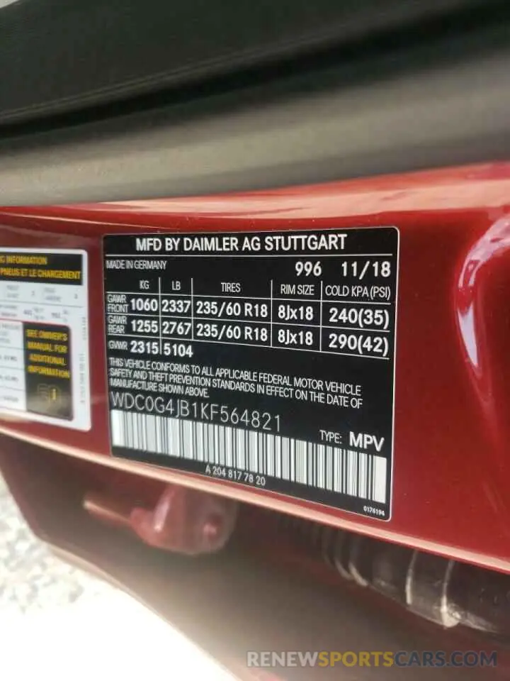 10 fotografías del automóvil dañado WDC0G4JB1KF564821 MERCEDES-BENZ GLC-CLASS 2019