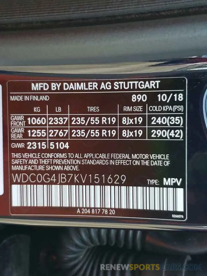 10 fotografías del automóvil dañado WDC0G4JB7KV151629 MERCEDES-BENZ GLC-CLASS 2019