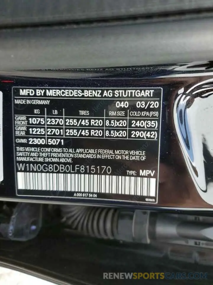 10 fotografías del automóvil dañado W1N0G8DB0LF815170 MERCEDES-BENZ GLC-CLASS 2020