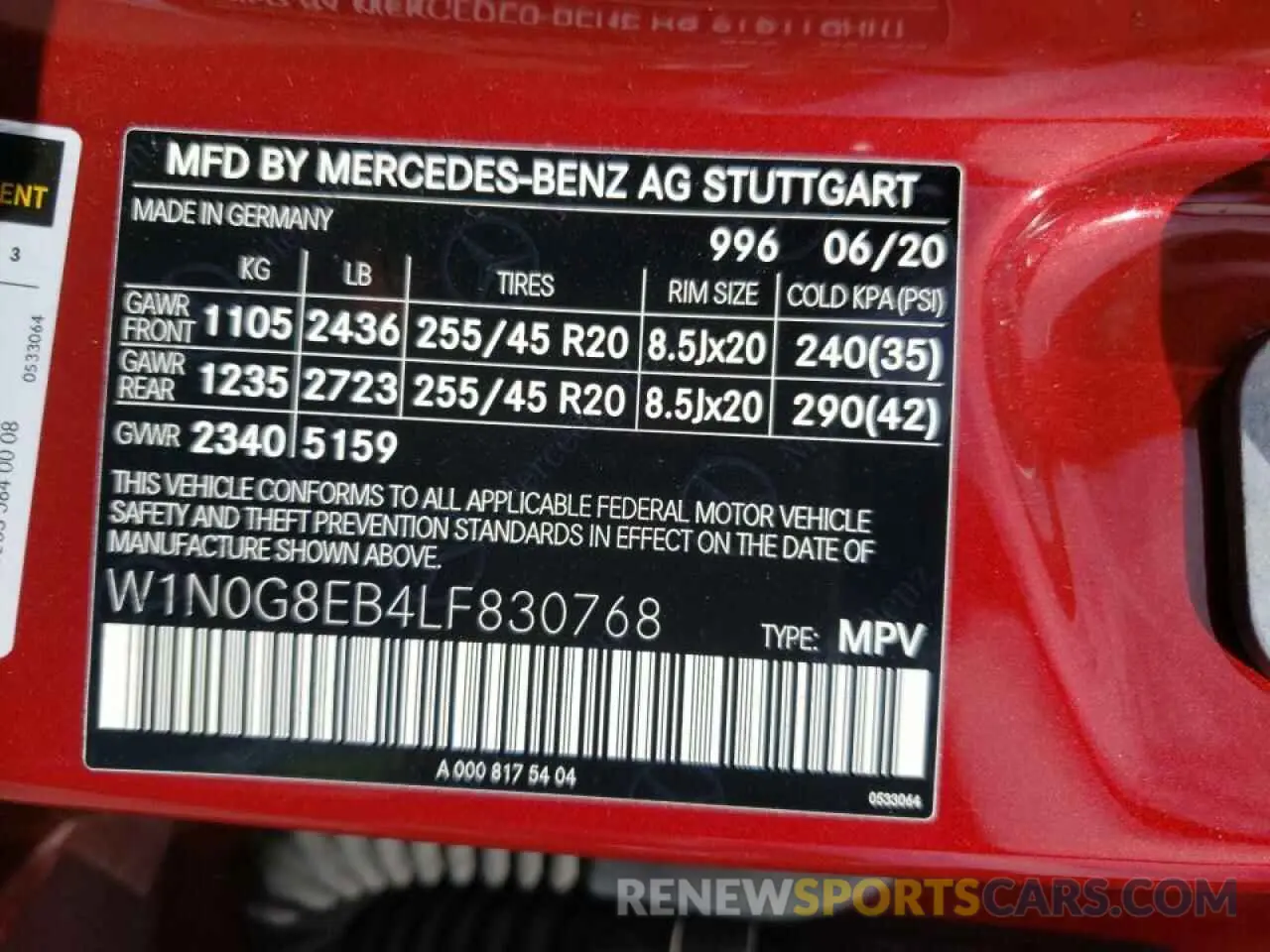 10 fotografías del automóvil dañado W1N0G8EB4LF830768 MERCEDES-BENZ GLC-CLASS 2020