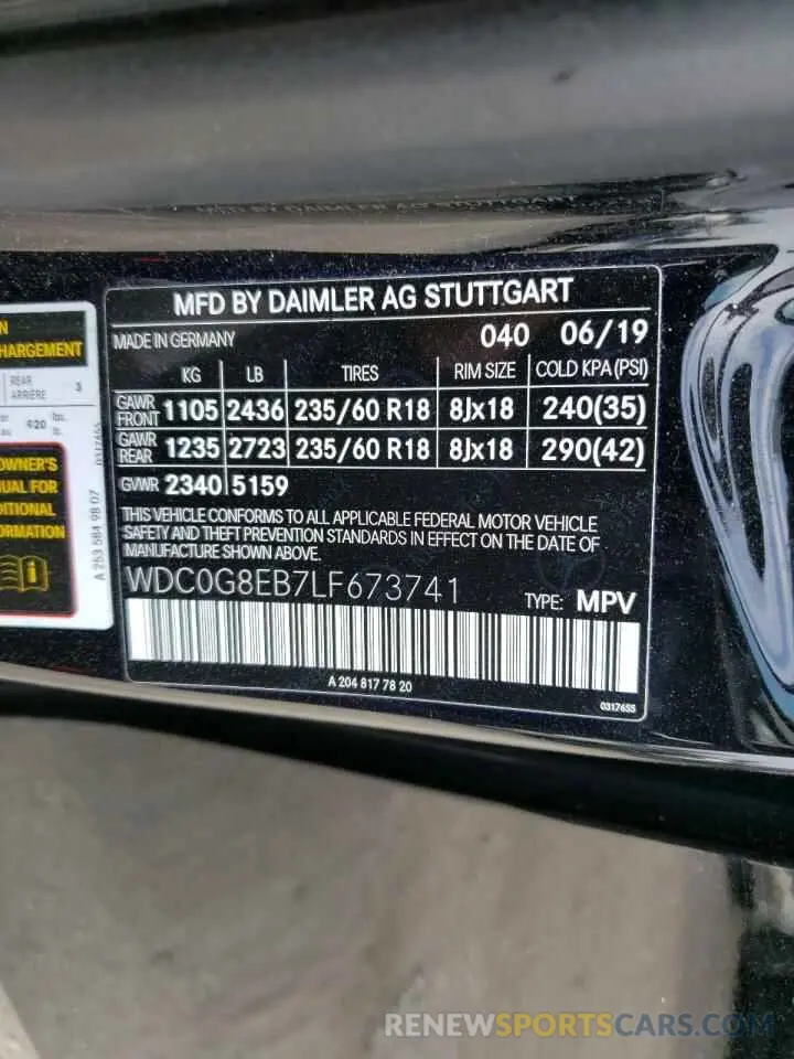 10 fotografías del automóvil dañado WDC0G8EB7LF673741 MERCEDES-BENZ GLC-CLASS 2020