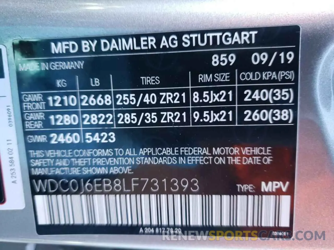 10 fotografías del automóvil dañado WDC0J6EB8LF731393 MERCEDES-BENZ GLC-CLASS 2020