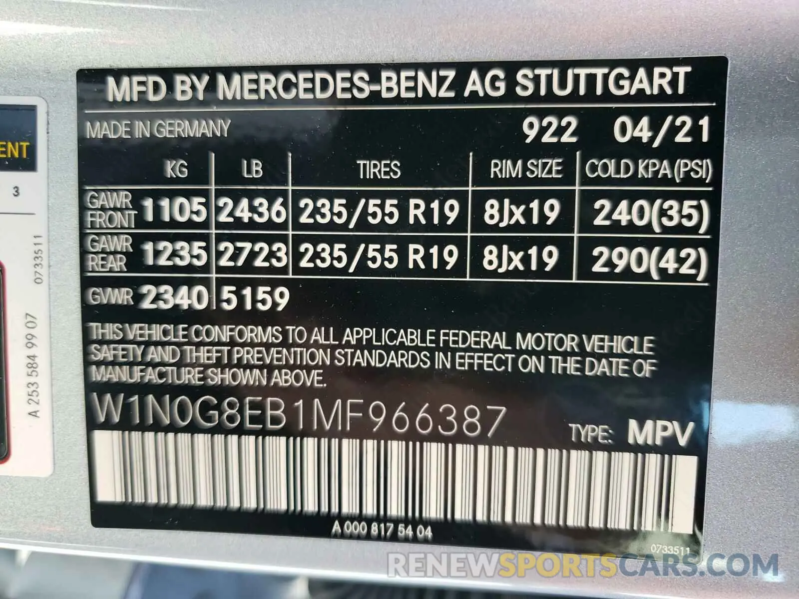 10 fotografías del automóvil dañado W1N0G8EB1MF966387 MERCEDES-BENZ GLC-CLASS 2021