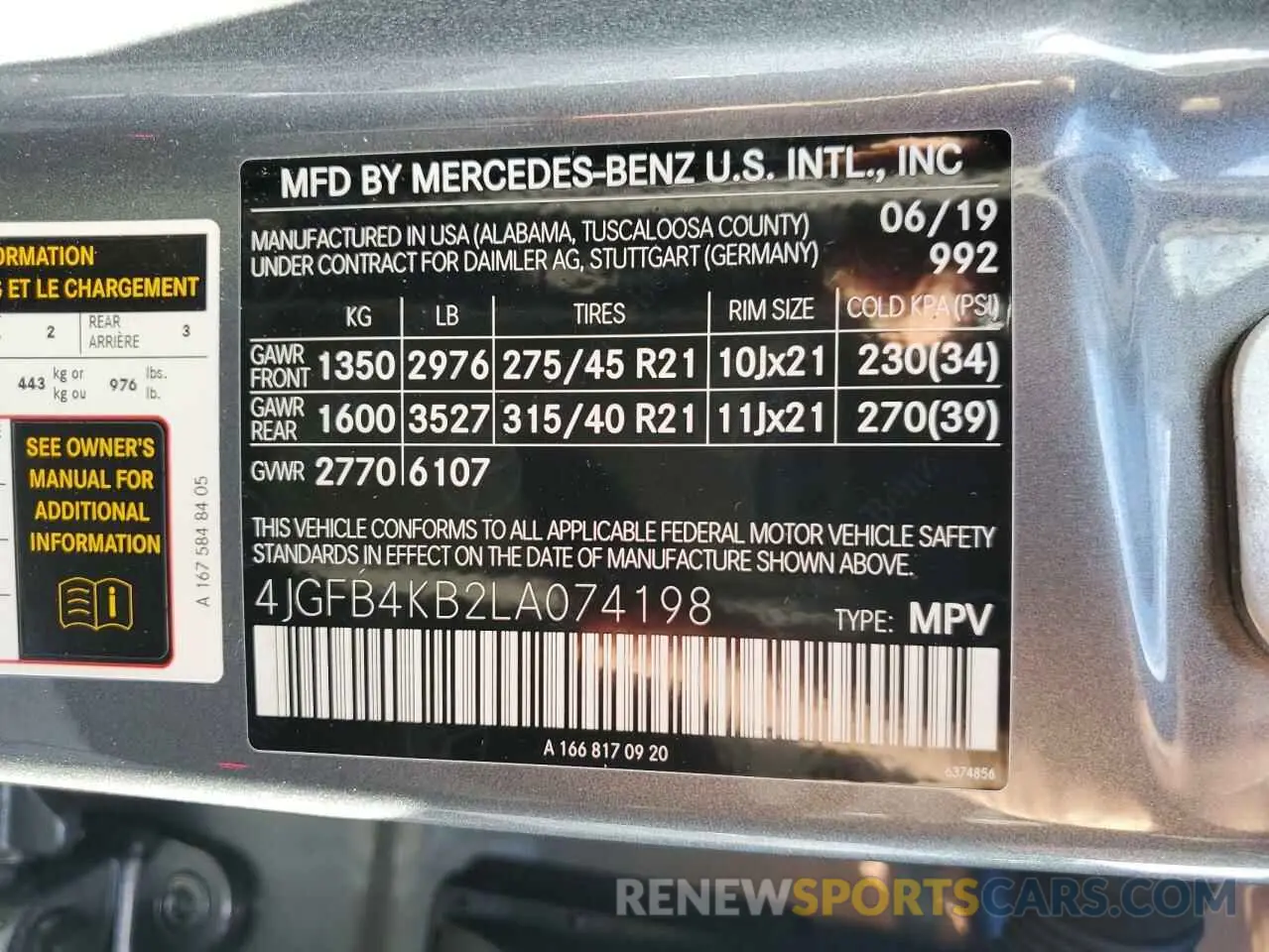 13 fotografías del automóvil dañado 4JGFB4KB2LA074198 MERCEDES-BENZ GLE-CLASS 2020