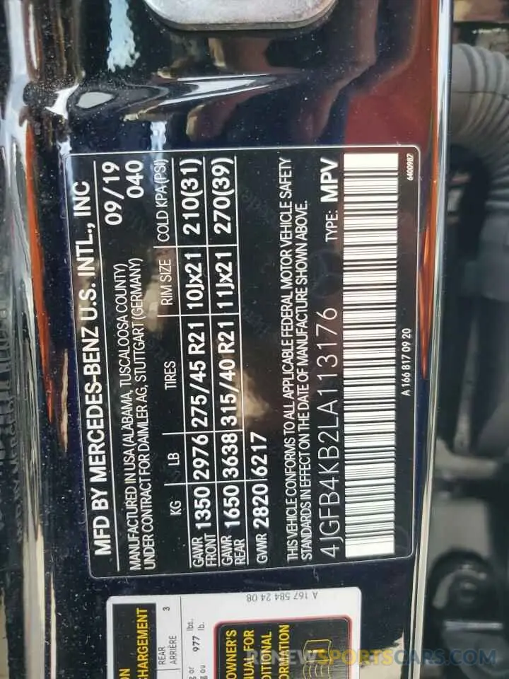 13 fotografías del automóvil dañado 4JGFB4KB2LA113176 MERCEDES-BENZ GLE-CLASS 2020