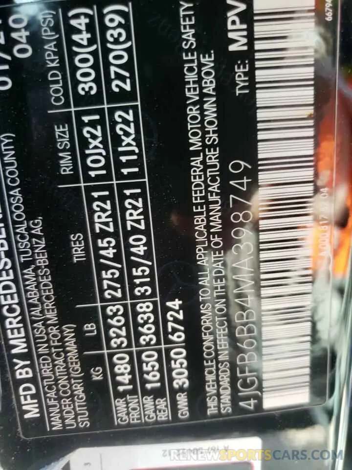 10 fotografías del automóvil dañado 4JGFB6BB4MA398749 MERCEDES-BENZ GLE-CLASS 2021