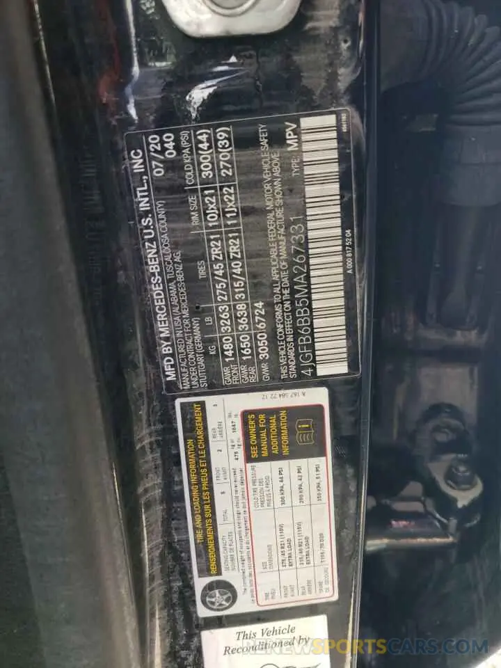 10 fotografías del automóvil dañado 4JGFB6BB5MA267331 MERCEDES-BENZ GLE-CLASS 2021