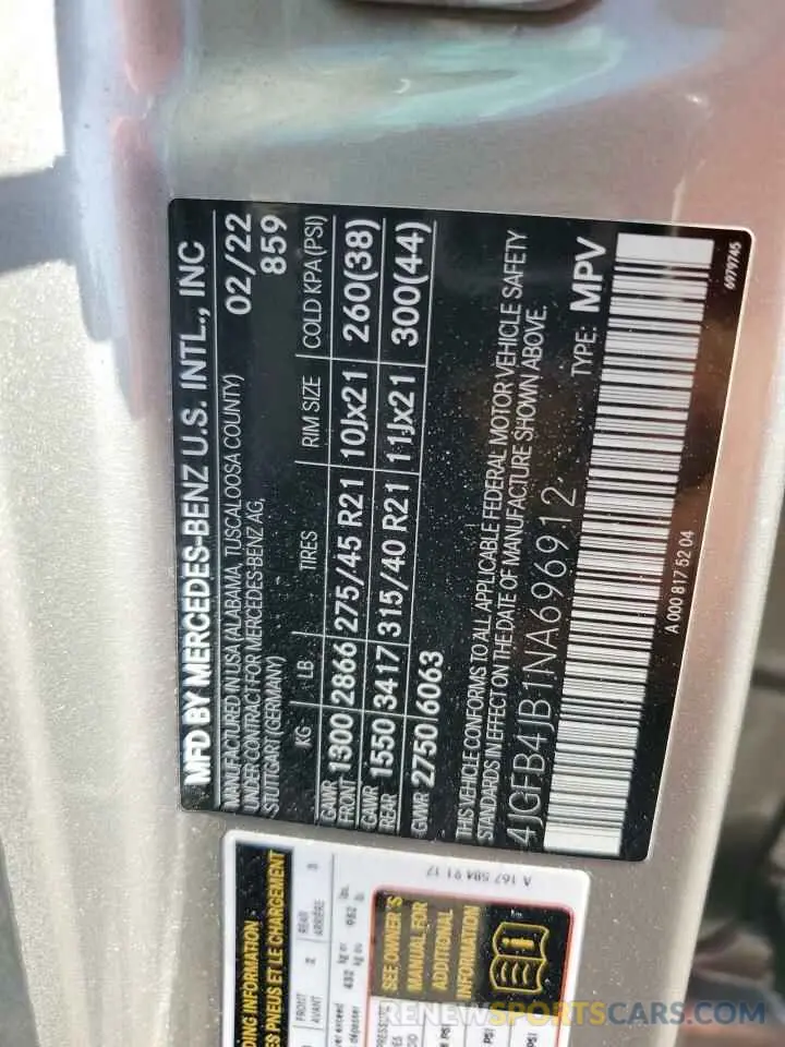 13 fotografías del automóvil dañado 4JGFB4JB1NA696912 MERCEDES-BENZ GLE-CLASS 2022