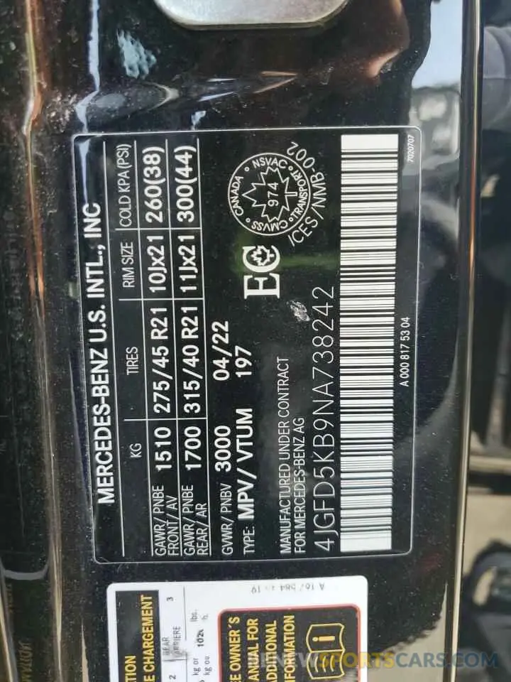 13 fotografías del automóvil dañado 4JGFD5KB9NA738242 MERCEDES-BENZ GLE-CLASS 2022