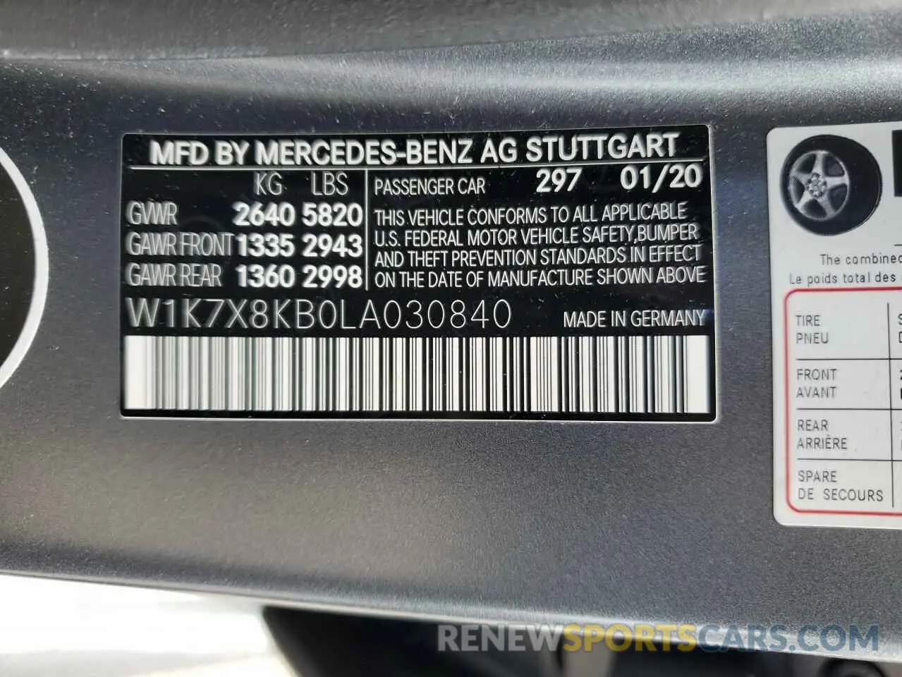 12 fotografías del automóvil dañado W1K7X8KB0LA030840 MERCEDES-BENZ GT-CLASS 2020