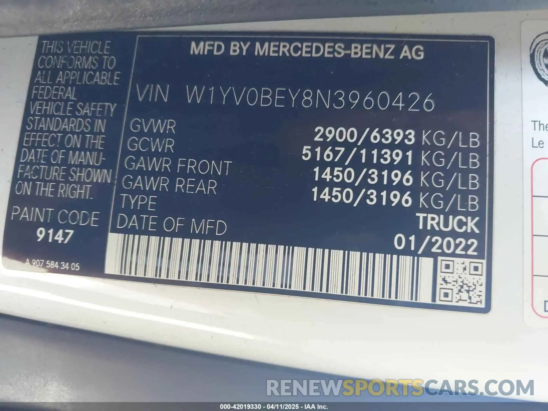 9 fotografías del automóvil dañado W1YV0BEY8N3960426 MERCEDES-BENZ METRIS 2022